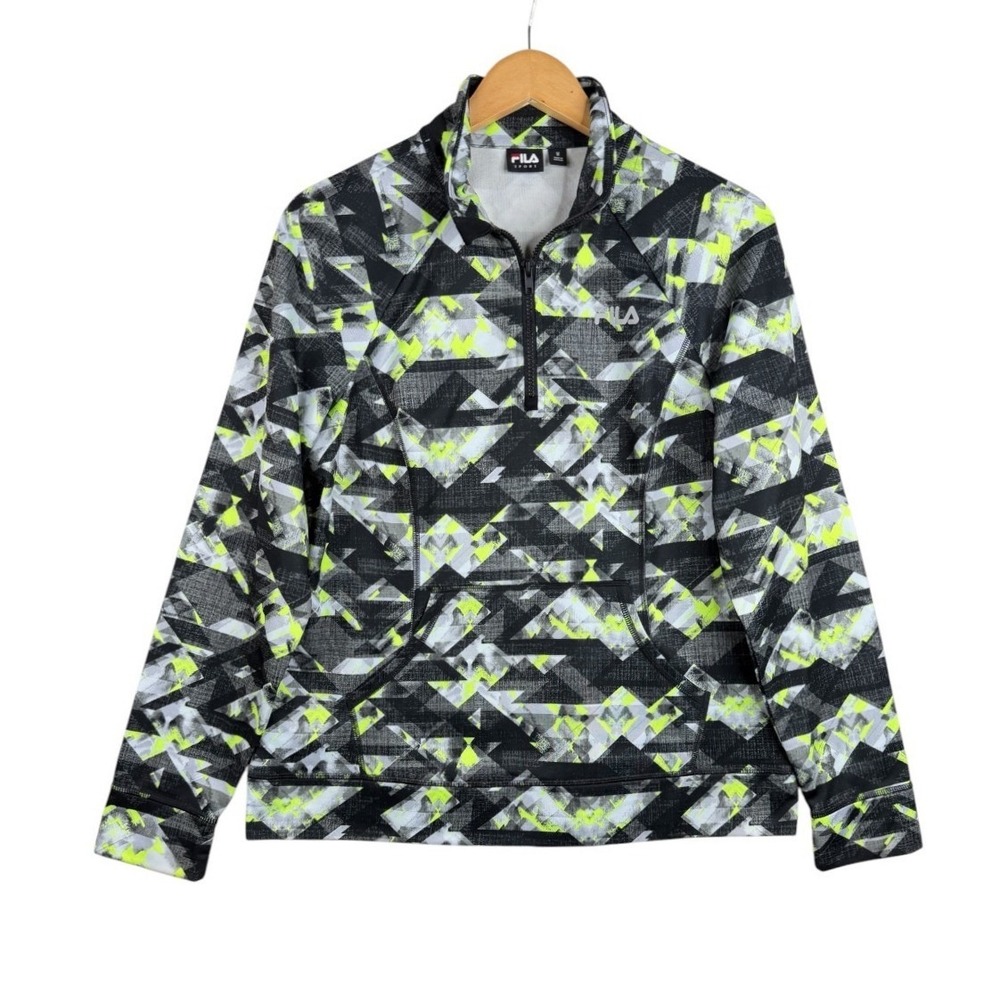 Fila Sport Womens 1/4 Zip Long Sleeve Pullover Jacket Size Medium Black Neon